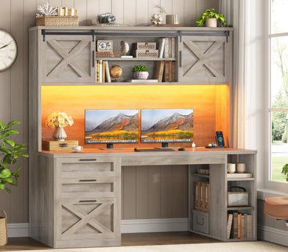 SEDETA 55.1" Farmhouse Desk with Hutch & 3 Storage Drawers - color: Grey, size: Desk with Hutch (55")