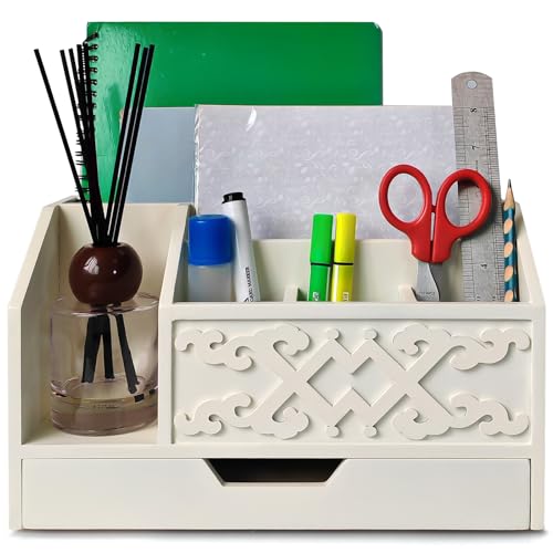 White Wooden Mail Organizer with Drawer, Three Tiered Desk Accessories for Office Organization and Storage, Stylish Countertop Document Storage, Home/Office/Classroom Supplies (White03) - style: White03