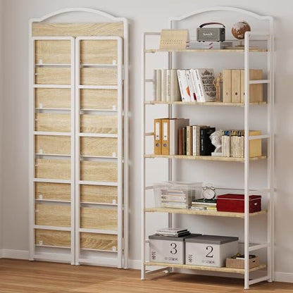 JSB 5 Tier No Assembly Folding Bookshelf, Arched Bookshelf, Foldable Bookcase for Living Room, Bedroom, Office,Skinny Bookshelf (White) - color: White, size: 5-Tier
