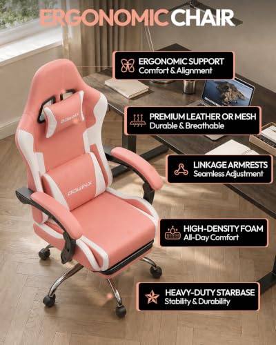 Dowinx Ergonomic Pink Gaming Chair with Footrest & Massage Lumbar, 2D-Linkage Armrests for Cute Aesthetic Esports Chair for Girls, Office, Home and Long Gaming Sessions, Pink - color: Pink