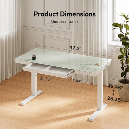 FEZIBO 48 × 24 Electric Standing Desk with Drawers, Whole-Piece Glass Adjustable Height Desk, One-Piece Quick Install Adjustable Sit Stand Desk, White - color: White, size: 48 inch