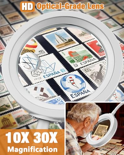 30X 10X Magnifying Glass with Light and Stand, 5 Color Modes Stepless Dimmable, Optical Grade HD Lens, LED Lighted Magnifier Hands Free with 16in Flexible Gooseneck for Close Work - White - color: White, size: 4.3in-16in & Base