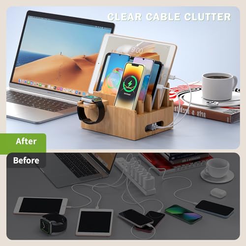 Pezin & Hulin Bamboo Charging Stand, Dock Organizer for Multi Devices, Cell Phone, Tablets, Smart Watch, with Pack 5 Cables, No Power Charger Block - color: Without Charger