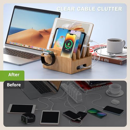 Pezin & Hulin Bamboo Charging Stand, Dock Organizer for Multi Devices, Cell Phone, Tablets, Smart Watch, with Pack 5 Cables, No Power Charger Block - color: Without Charger