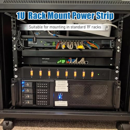HHSOET 8 Outlet PDU Power Strip, 1U Rack Surge Protection, 6FT, Black, 1 | Metal Mountable Outlet with Independent Switch, for Network Server Audio Equipment Racks, 1200J - size: 6ft
