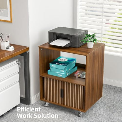 3-Tier Printer Stand, Fluted Rolling Printer Table with Storage, Walnut