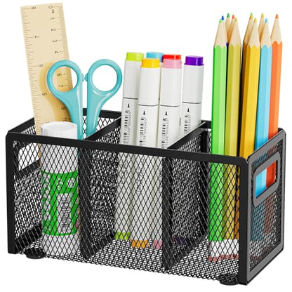 Marbrasse Mesh Pen Holder for Desk, Pencil Holder Desk Organizer 3 Adjustable Compartments, Pencil Cup with Handle Perfect for Classroom, Office, Home, Makeup, Art (Black) - color: Black