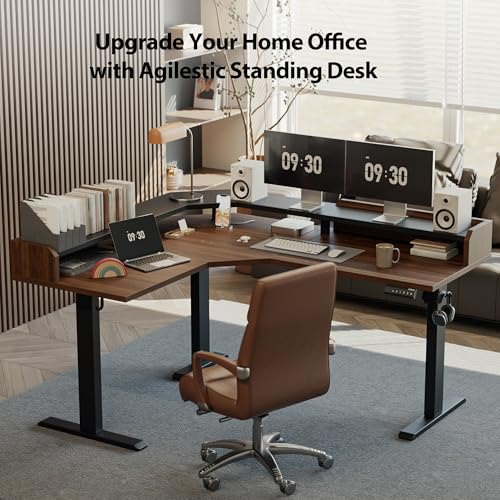 Agilestic 63 Inch L Shaped Electric Standing Desk with Shelf, Dark Walnut - color: Dark Walnut, size: 63x55 Inch Pro