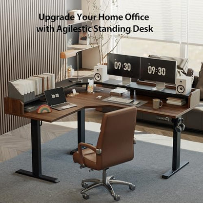 Agilestic 63 Inch L Shaped Electric Standing Desk with Shelf, Dark Walnut - color: Dark Walnut, size: 63x55 Inch Pro