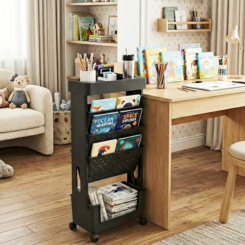 5-Tier Rolling Bookshelf Magazine Rack with Wheels Black | Mobile Bookcase, Book Storage File Folder Organizer Cart for Home Study Office Living Room Classroom - color: Black, size: 5-Tier 30.5"H