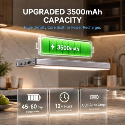 Under Cabinet Lighting, 3500mAh Motion Sensor Light Indoor, 2 Pack | 9 Inch, USB-C Rechargeable, 3H+ Fast Charging, 10s/20s/60s Timer, 5-Level Dimmable, Magnetic, Cool White for Kitchen & Closet - size: 9 Inch