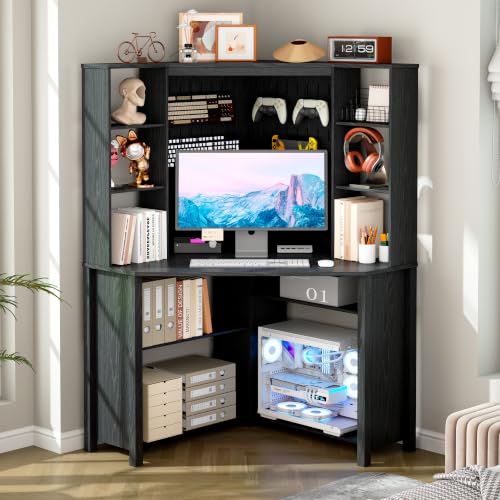 Corner Desk with Shelves-&LED Reading Light,Triangle Home Office Desk w/Charging Station for Work & Study,File Cabinet Storage Bookshelf for Small Space （Black） - color: Blackx3