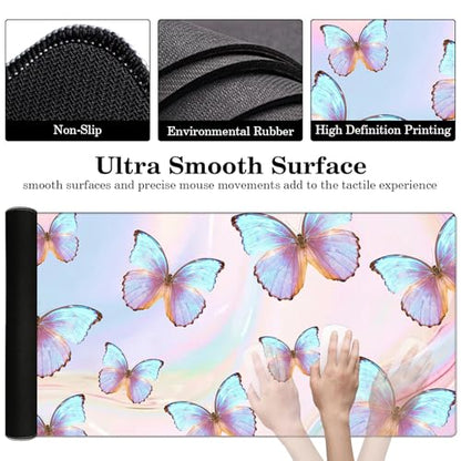 Butterfly Desk Pad Protector, Stitched Edges Mouse Pad, Large Office Mat, Non-Slip Blotter, Laptop Pad, Writing Pad for Office and Home (31.5" x 15.7") - color: A02-dreamy Butterfly