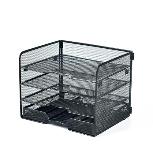 SETTFRFE 4-Tier Metal Desk Organizer-Paper Letter Tray with Drawer,Black - size: 12.8" x 10" x 9.9"
