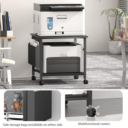 Large Printer Stand, 23.6 x 23.6 Inches Square Printer Stand with Storage Shelf, 2 Tier Printer Table for Home Office, Rolling Printer Cart with Lockable Wheels, Mobile Mini Fridge Stand Table, Black - color: Black
