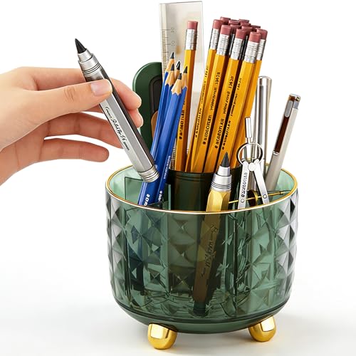 GOTOBA Dark Green Pen Pencil Holder for Desk, 360° Rotating Pen Organizer, Green Office Supplies, Cute Pen Holder, 6-Compartment Pencil Holder Rotating - color: Dark Green