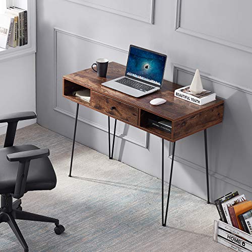 VECELO 39.3" Home Office Work Table with Drawers,Computer Desk with Hairpin Leg for Writing/Study,Retro Brown - color: Retro Brown