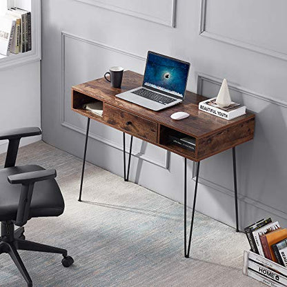 VECELO 39.3" Home Office Work Table with Drawers,Computer Desk with Hairpin Leg for Writing/Study,Retro Brown - color: Retro Brown