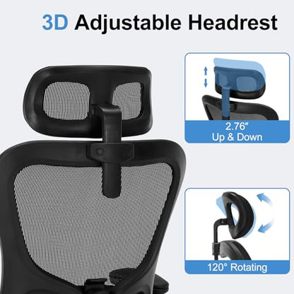 Office Chair Ergonomic Desk Chair High Back Mesh Computer Chair with Adjustable Lumbar Support & Headrest, Flip-Up Armrests, 300lbs Capacity 360 Swivel Chair for Home Office, Black