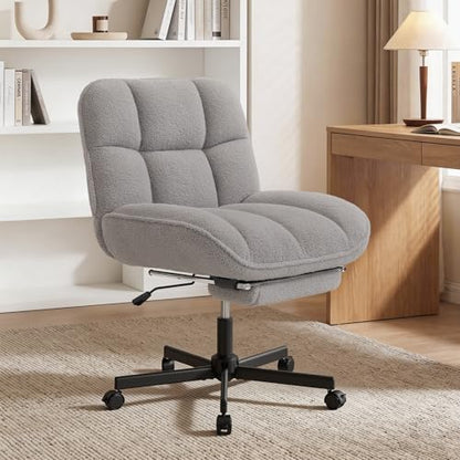 Cross Legged Chair with Foot Rest, Thick Cushioned Criss Cross Chair with Wheels, Armless Wide Seat Reclining Desk Chair, Height Adjustable Cross Legged Office Chair for Home Office, Grey - color: Grey
