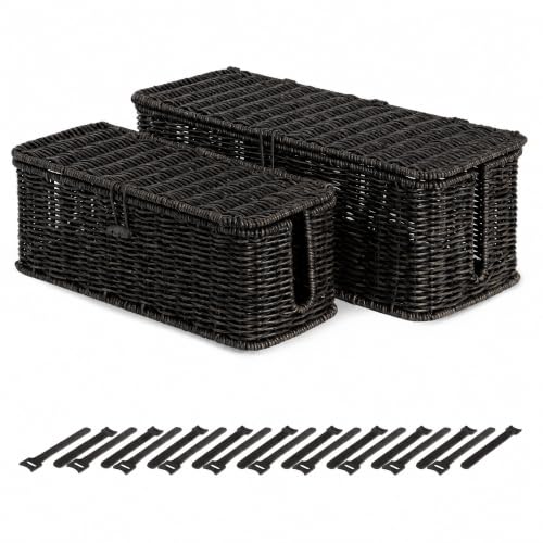 Cable Management Box, Cord Organizer with Lid & Cable Ties - Black Set | Handmade Open Slots Cord Hider Outlet Covers for Power Strip TV PC Router Charger Under Desk Storage - color: Black, size: Set (L+M)