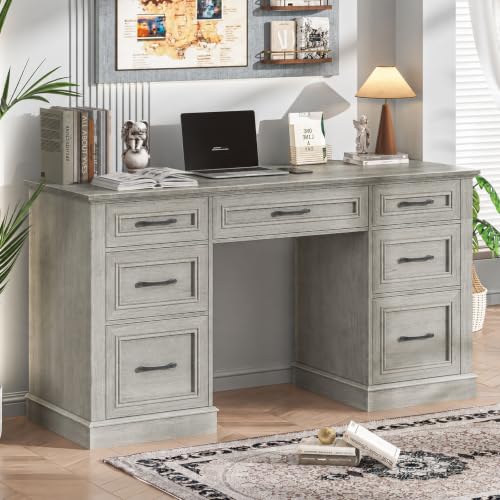 Vabches Farmhouse 59'' Executive Desk with File Drawers, Grey - color: Grey, size: 59" W