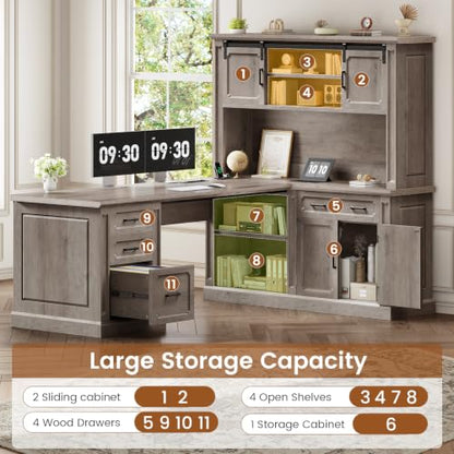 SEDETA 67" Farmhouse Executive L Shaped Desk with Hutch & Storage - color: Grey, size: 67" L Shaped Desk with Hutch