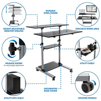 Mount-It! Mobile Standing Desk | Height Adjustable Rolling Desk with 40 Wide Table Tops | Multi-Purpose Rolling Presentation Cart with Four Platforms | (MI-7970) - color: Grey
