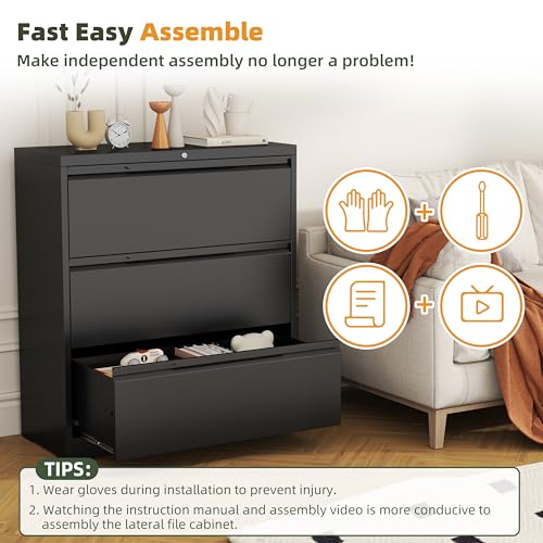 3 Drawer Metal Lateral File Cabinet with Lock for Home Office | 35.5 Inch Ultra Spacious Tabletop,330LBS Max Weight Capacity,Fits Letter/Legal/F4/A4 Size,Fast Easy Assemble,Black - color: Black, size: 15.7"D x 35.4"W x 40"H（3 Drawers）