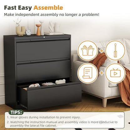 3 Drawer Metal Lateral File Cabinet with Lock for Home Office | 35.5 Inch Ultra Spacious Tabletop,330LBS Max Weight Capacity,Fits Letter/Legal/F4/A4 Size,Fast Easy Assemble,Black - color: Black, size: 15.7"D x 35.4"W x 40"H（3 Drawers）