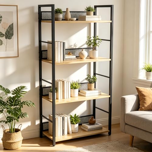 IDEALHOUSE 4 Tier Bookshelf，Tall Narrow Bookcase with Metal Guard Panels, Industrial Wood and Metal Display Shelf, Freestanding Storage Rack for Bedroom, Living Room, Home Office， Rustic Brown - color: Black, size: 4