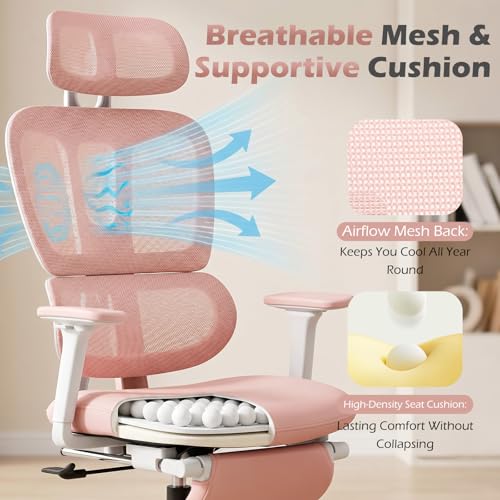 Ergonomic Office Chair with Footrest and Dynamic Lumbar Support, Pink | Reclining high-back computer chair, memory foam seat, 2D armrests, 2D headrest, mesh desk chair for home office, long hours - color: Pink