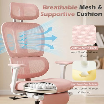 Ergonomic Office Chair with Footrest and Dynamic Lumbar Support, Pink | Reclining high-back computer chair, memory foam seat, 2D armrests, 2D headrest, mesh desk chair for home office, long hours - color: Pink