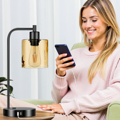 Set of 2 Industrial Touch Control Table Lamps with 2 USB Ports and AC Outlet - 3-Way Dimmable Black Bedside Lamp Nightstand Desk Lamps for Bedroom Living Room, Amber Glass Shade & 2 LED Bulbs Included - color: Black(2 pack)-Amber Glass-Touch Control