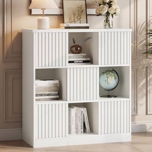 Einhomn Cube Storage Organizer with Sliding Doors, Wooden Bookshelf Storage Cabinet, 9 Cube Bookcase Organizer for Living Room Bedroom Office, White - color: White, size: 9 cube