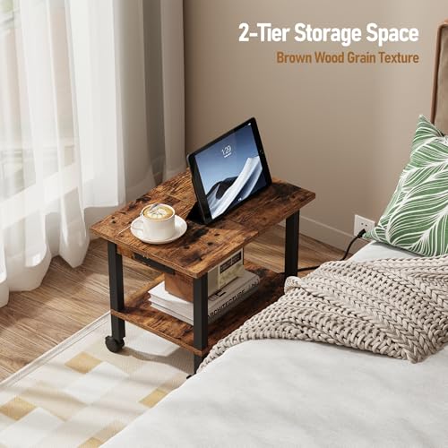 TUTOTAK Printer Stand, 2 Tier Rolling Printer Cart with Charging Station | Small Under Desk Printer Table with Wheels for Small Space, Office, Home, Brown PS01BB001P - color: Brown, size: 2 tier(18.9 x 11.8 x 15.4inchs)