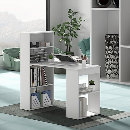 GIANTEX 48 Inch Computer Desk with Bookshelf, 3-in-1 Home Office Desk with 4-Tier Bookcase & CPU Stand, Space-Saving Reversible Writing Desk Work Table for Bedroom, Study Room, Office (White) - color: White