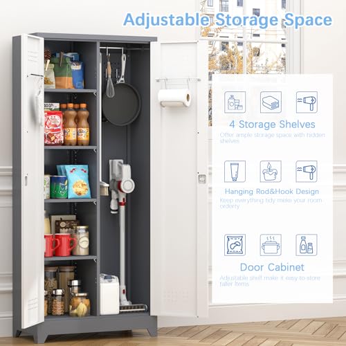 Metal Storage Cabinets with Doors and Shelves,Tall Broom Closet Storage Cabinet with Pegboard,Utility Tool Cabinets,Steel Locking Cabinets for Home Office,Basement,Laundry,Grey-White - size: 72"H x 31.5"W x 15.74"D-Grey/white