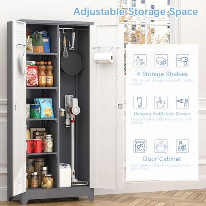 Metal Storage Cabinets with Doors and Shelves,Tall Broom Closet Storage Cabinet with Pegboard,Utility Tool Cabinets,Steel Locking Cabinets for Home Office,Basement,Laundry,Grey-White - size: 72"H x 31.5"W x 15.74"D-Grey/white