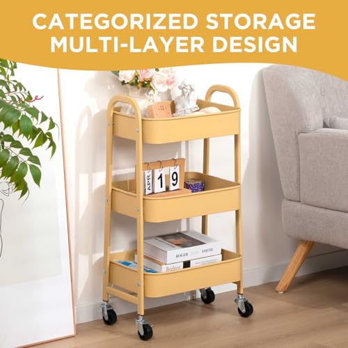 AGTEK 3 Tier Rolling Cart with Lockable Wheels, Metal Utility Cart, Multifunctional Storage for Kitchen, Office, Living Room, Makeup, Craft, Art Studio, Khaki - color: Khaki
