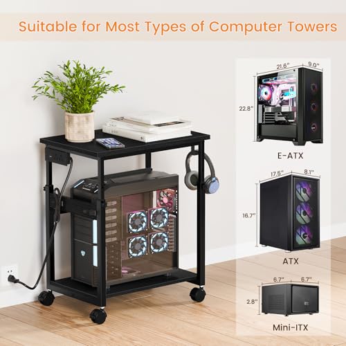Snughome Extra-Large Computer Tower Stand with Charging Station, Adjustable PC Tower Stand for Floor 25.2"-36.2", Mobile Rolling CPU Holder Cart with Locking Wheels for Gaming Office Home - size: 23.62''L × 15.75''W × 36.22''H