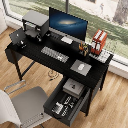47.3" Office Desk with Power Outlet,3 Drawers,Side Pocket, Study Desk Easy to Assemble,Frame Stability Reversible for Home Desk, Company Computer Desk, Game Table,Vanity Table (Black)