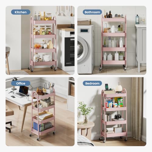 DUMOS 4 Tiers Rolling Utility Cart, Storage Organizer, Shelving Unit | Metal, Lockable Wheels, Mobile, Kitchen, Bathroom, Laundry, Narrow Places, Pink - color: 4-tier Cute Pink