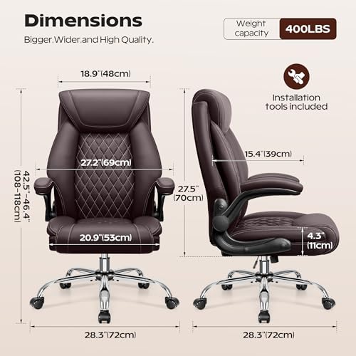 Office Chair, Ergonomic High Back Home Office Desk Chair, Big and Tall Breathable Leather Office Chair with Lumbar Support Flip-Up Armrests, Computer Gaming Chair with Rocking Function - color: Coffee, style: Without Footrest