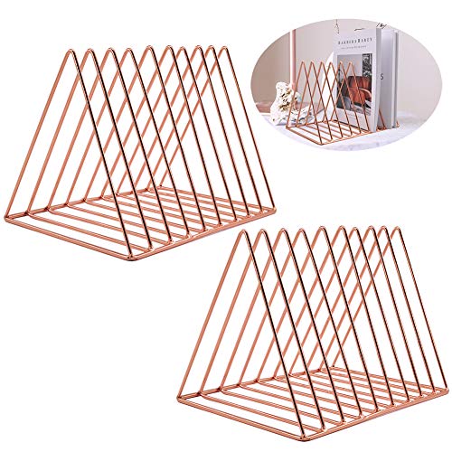 9 Slot Magazine Rack Book Record Holder, Desktop Iron Storage Rack Bookshelf Multifunction Triangle File Organizer Sorter for Decor Home Office, Rose Gold Pack of 2 - color: 2 Pack Rose Gold