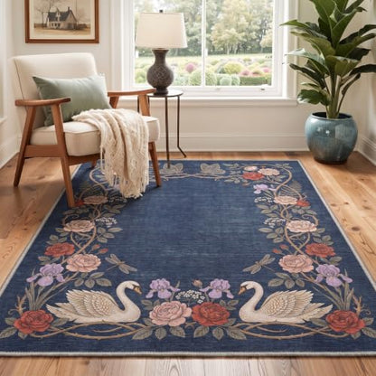 Bavni 2X5 Washable Runner Rug for Kitchen, Animal Swan Garden Non Slip - color: Antique Navy, size: 2' x 5' (Rectangular)