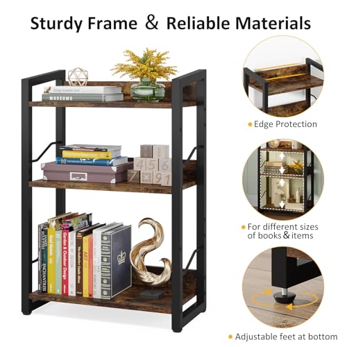 Hosfais 3-Tier Small Bookshelf Bookcase with Edge Protection - color: Rustic Brown, size: 3-tier