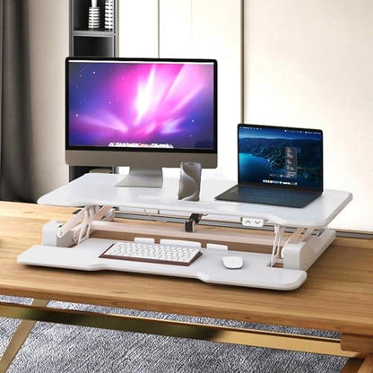 Mount-It! Electric Standing Desk Converter White 38 Inch Wide Tabletop, Stand up Desk Riser, Height Adjustable Sit Stand Desk, Fits Dual Monitors, Keyboard Tray, Device Slot, Monitor & Laptop - color: White