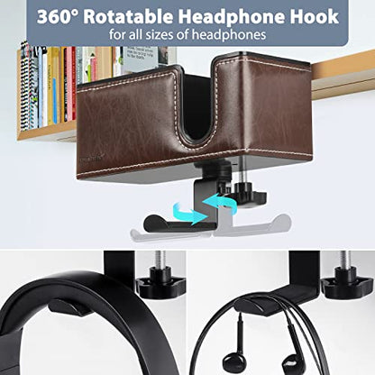 Under Desk Cup Holder Clamp on Cup Holder PU Leather Clip on Desk Organizer | Desk organizer with pencil holder clamp on side, under desk hanging organizer, clip on cup holder desk phone stand holder PU - color: Brown