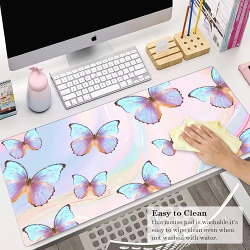 Butterfly Desk Pad Protector, Stitched Edges Mouse Pad, Large Office Mat, Non-Slip Blotter, Laptop Pad, Writing Pad for Office and Home (31.5" x 15.7") - color: A02-dreamy Butterfly